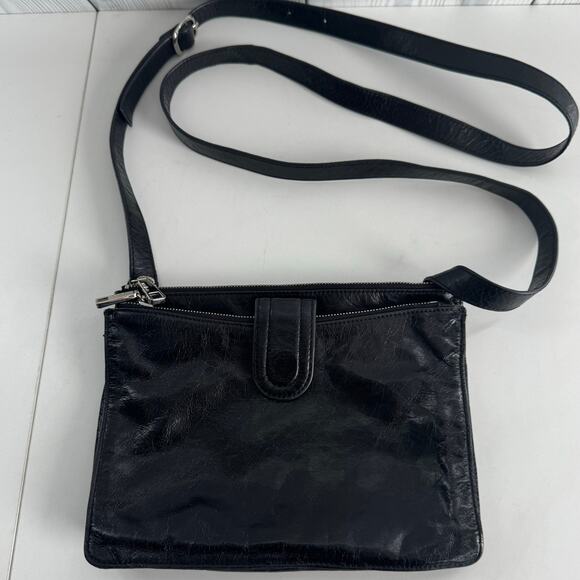 HTF  HOBO International Black Glazed Leather Crossbody Bag 9 x 7 - Picture 1 of 6